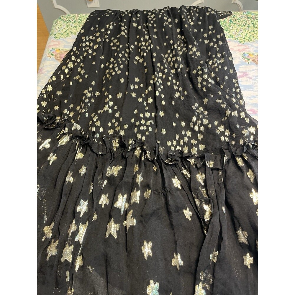 LoveShackFancy Black Silk Gold Metallic Star Maxi Off Shoulder Chiffon Dress 2 - Picture 13 of 16